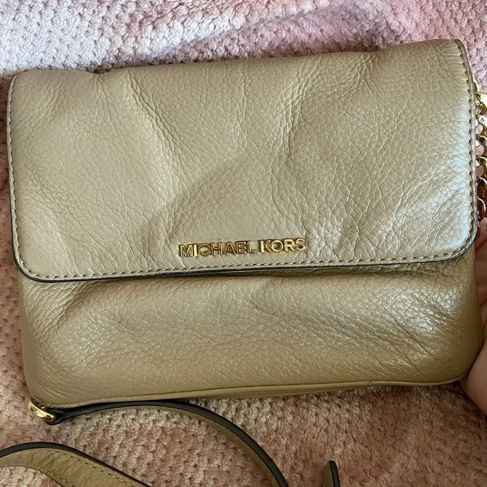 Michael Kors Bedford Double Gusset Large Crossbody Bag,  Soft Pink Tan & Gold